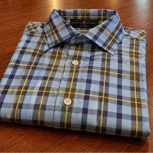 Robert Talbott Light Blue and Navy Plaid Dress Shirt with Yellow Accents